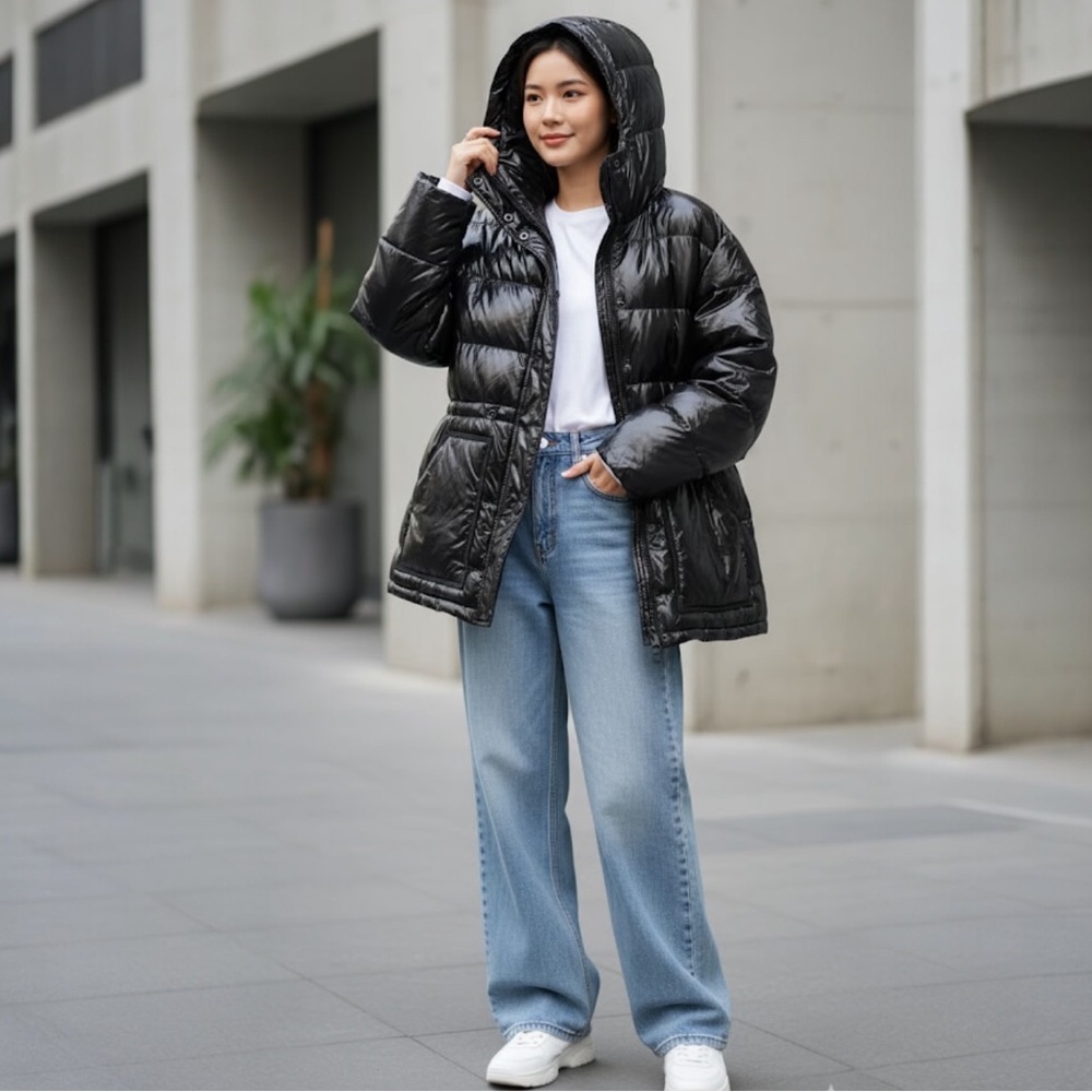 Gap NEW Shiny Puffer Jacket Hood Oversized Pockets Synthetic Cozy Parka Warm L
